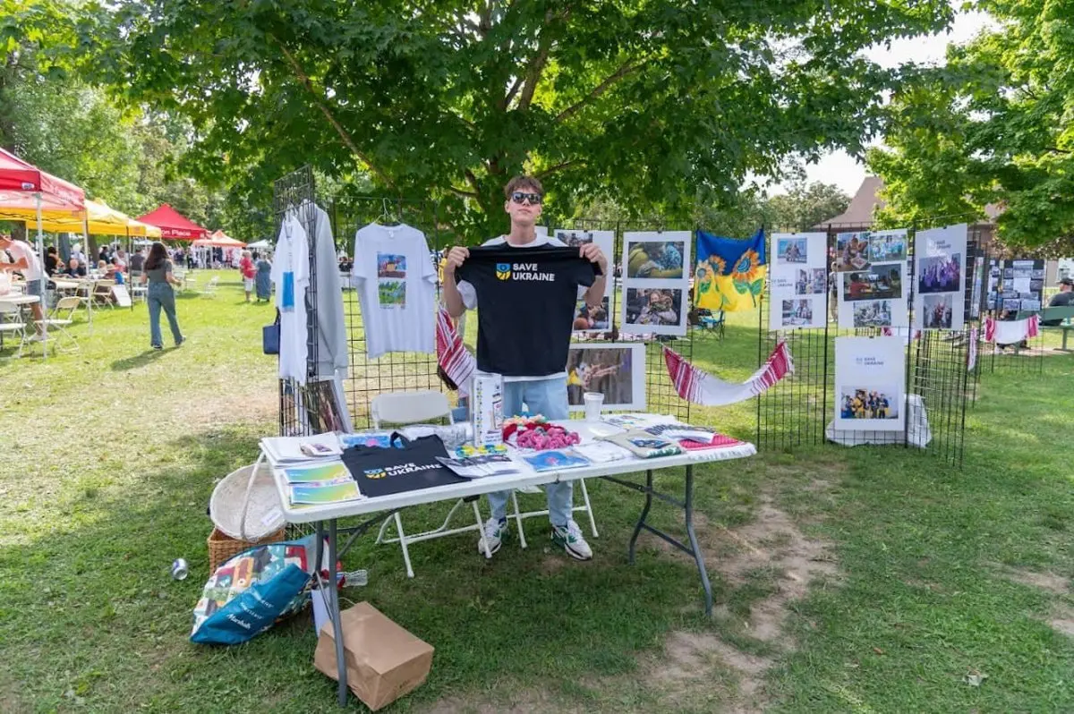 Embroidered vyshyvanka shirts displayed in the heritage exhibition tent at UAFest