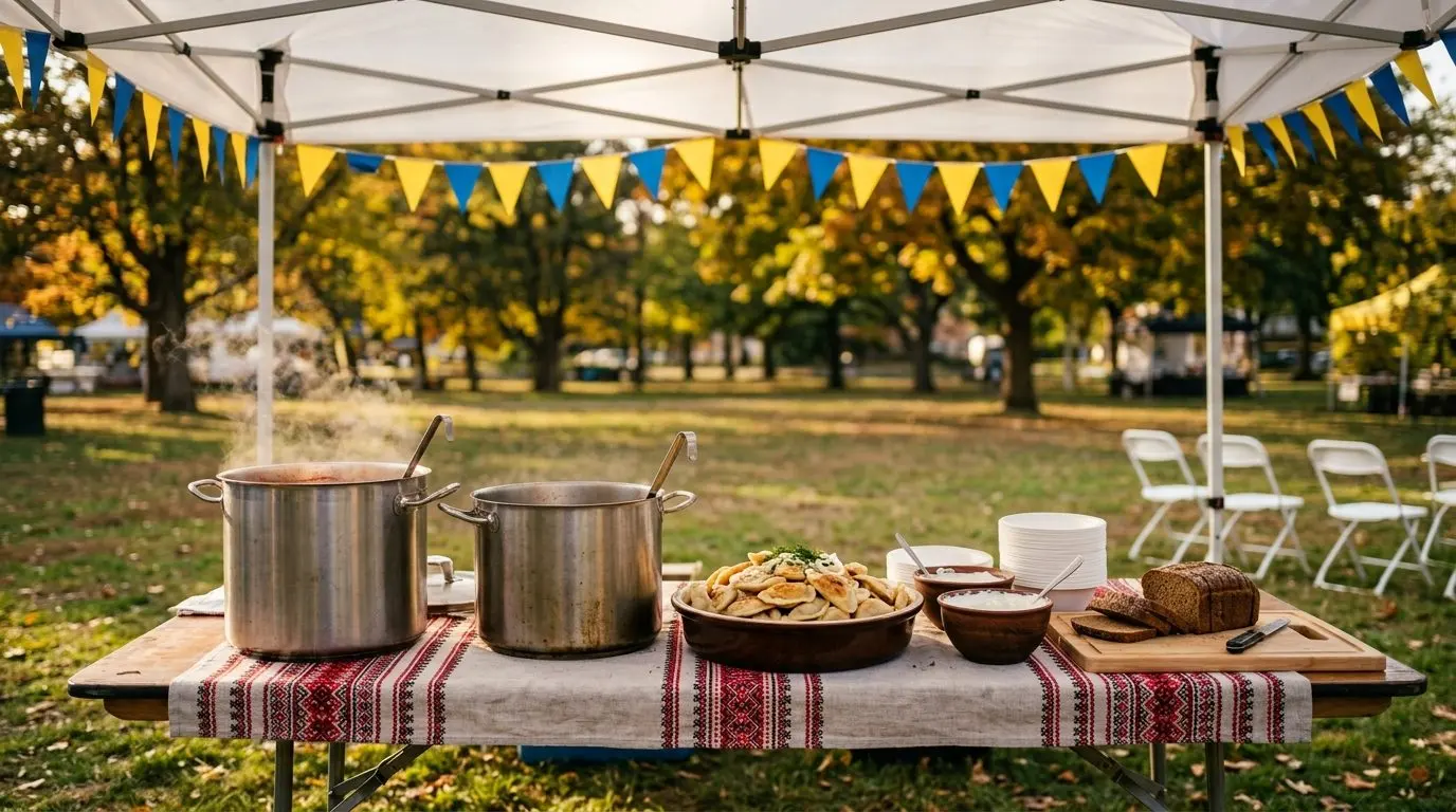 The UAFest food court with visitors queuing for Ukrainian food