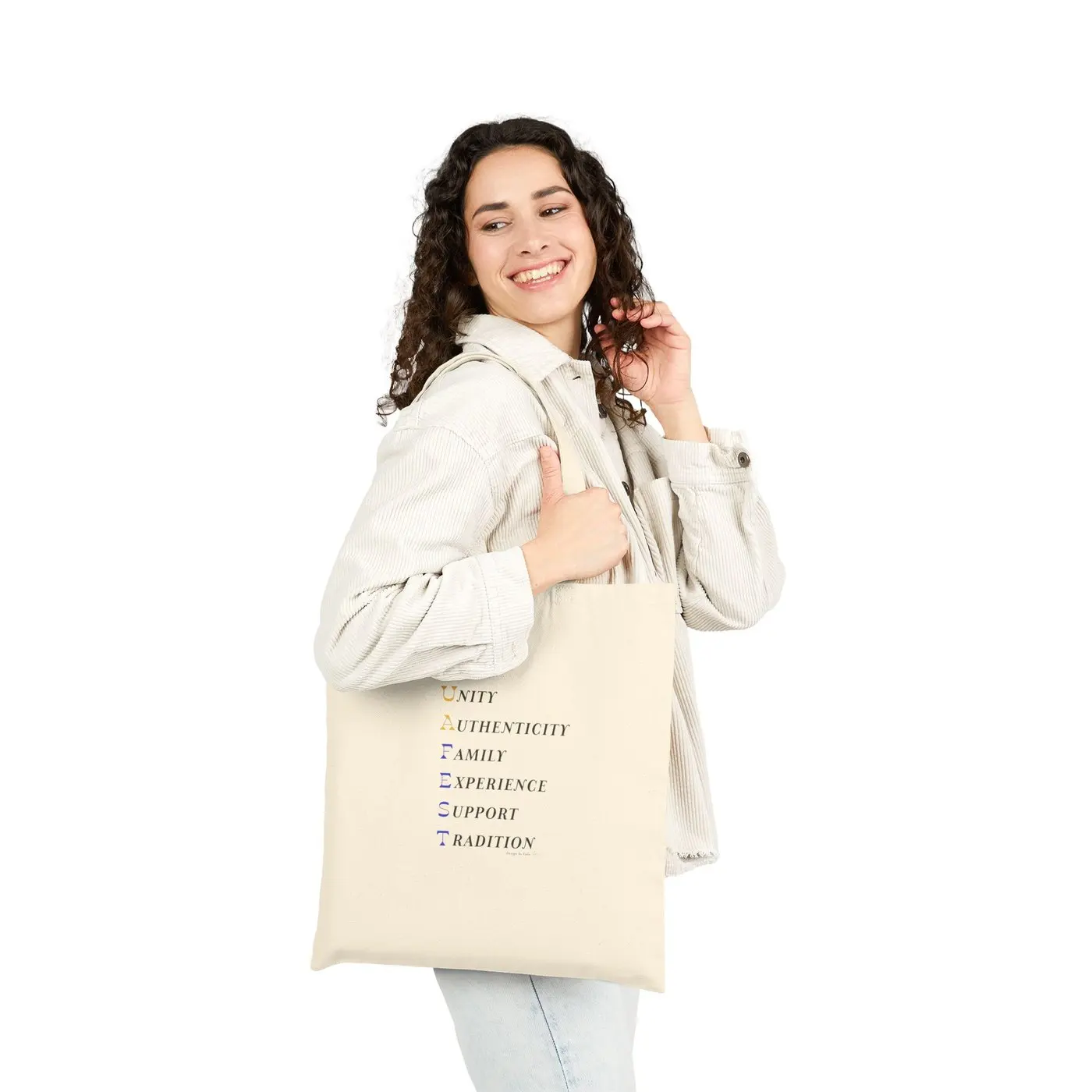 The same bag on her shoulder turned around, the six values facing out