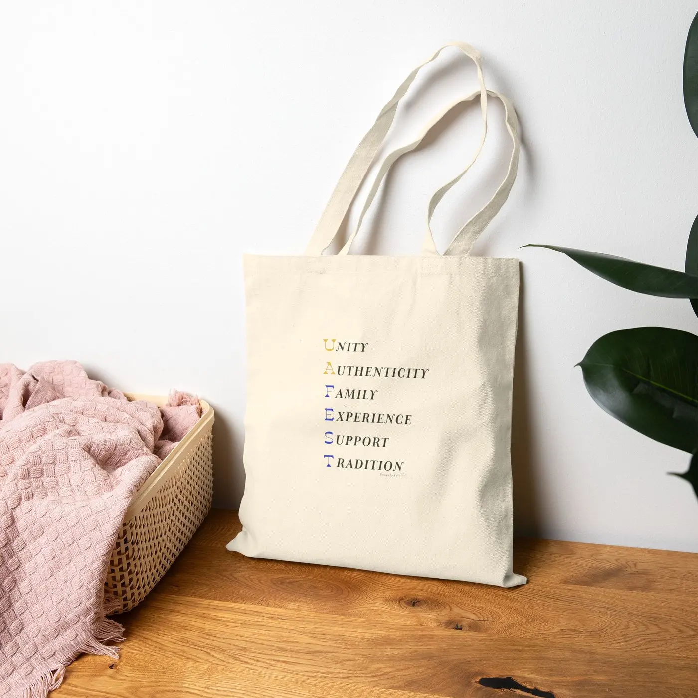 The same corner of the room with the bag turned around, the six values facing out