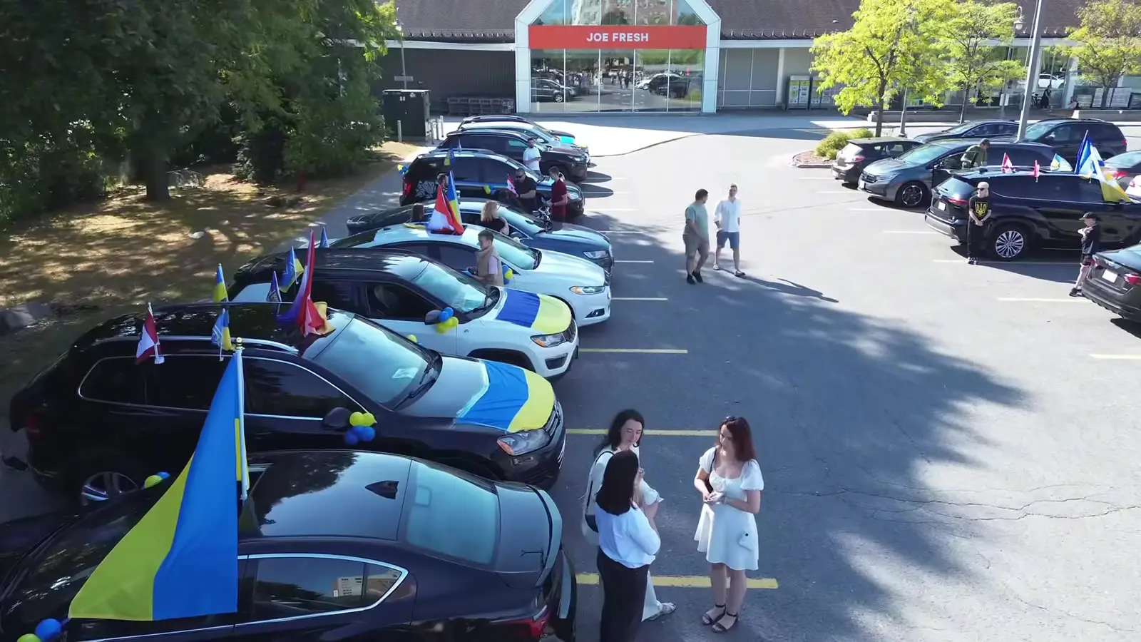 Cars decorated with Ukrainian flags and blue-and-yellow ribbons lined up in the Ottawa assembly lot before the 2024 convoy