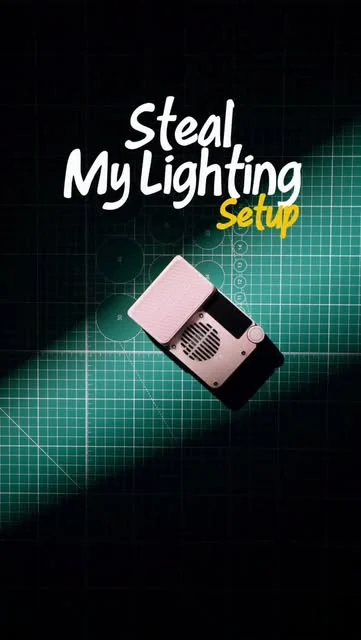 A small pink amaran LED panel throwing a teal beam across a dark grid, under the hand-lettered title "Steal My Lighting Setup"