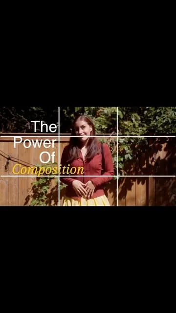 A composition lesson: a woman in a red cardigan standing against a wooden fence under a rule-of-thirds grid, titled "The Power Of Composition"
