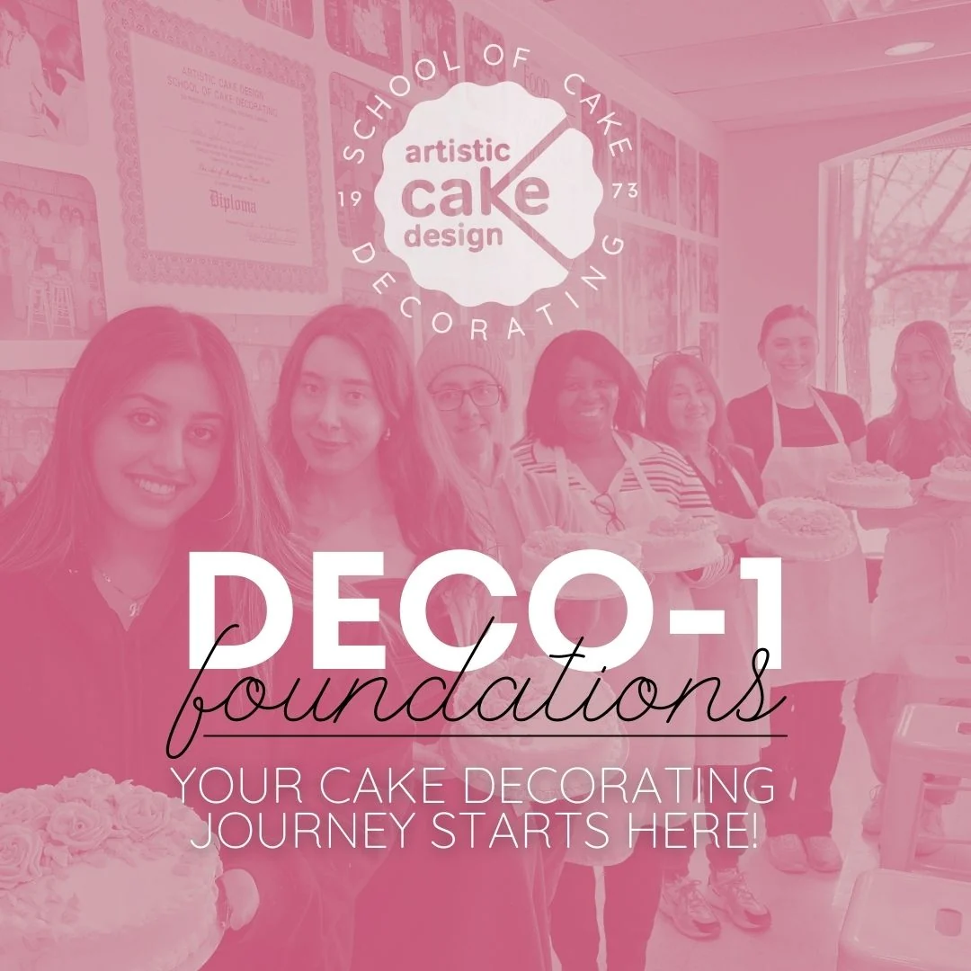 DECO-1 Foundations class poster: students in aprons holding their finished cakes in the shop, under the Artistic Cake Design School of Cake Decorating emblem