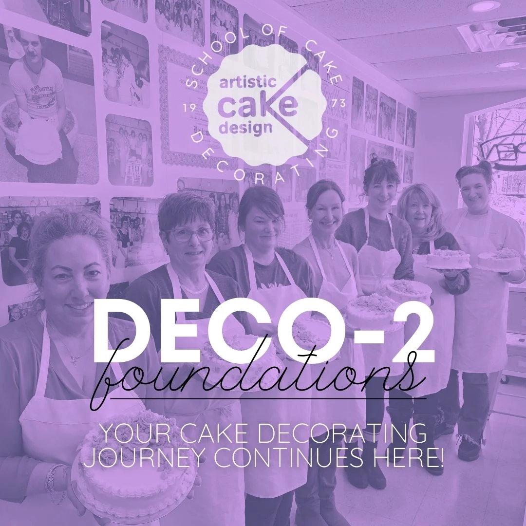 DECO-2 Foundations class poster: a group of students holding iced cakes in the decorating classroom
