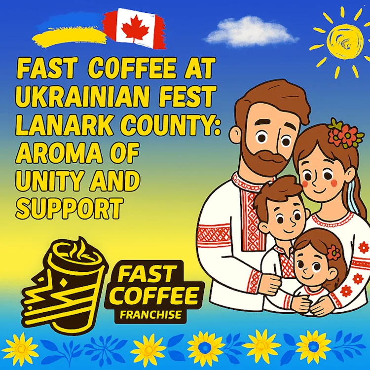 Fast Coffee's own graphic for its post about Ukrainian Fest Lanark County, with the brand cup and a family in embroidered shirts
