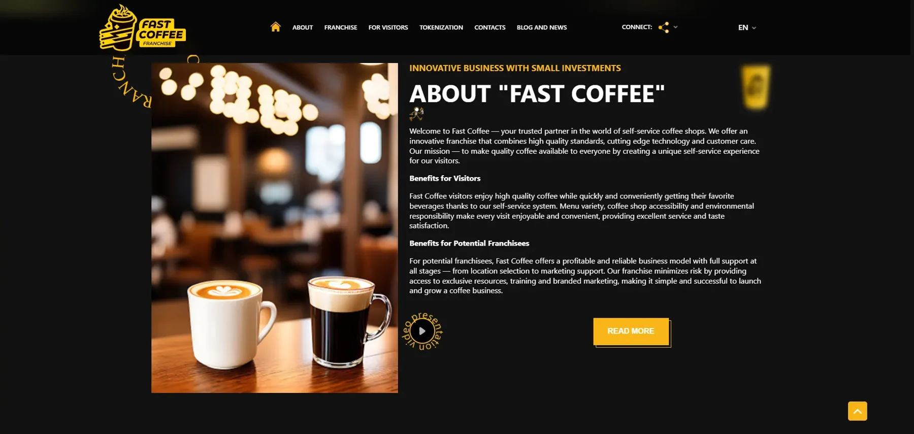 The About section of the Fast Coffee site built by the studio, with two cups of coffee beside the franchise's mission text