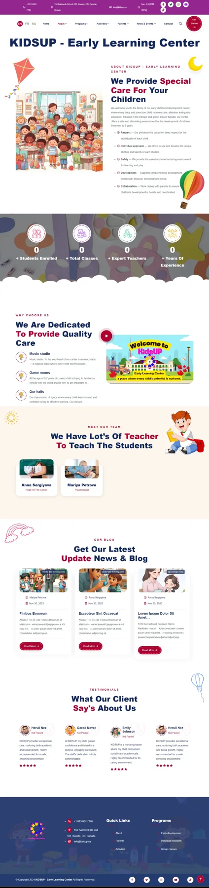 Full-page screenshot of the KidSup Early Learning Center site in Kanata built by the studio, with its purple contact bar and the About section