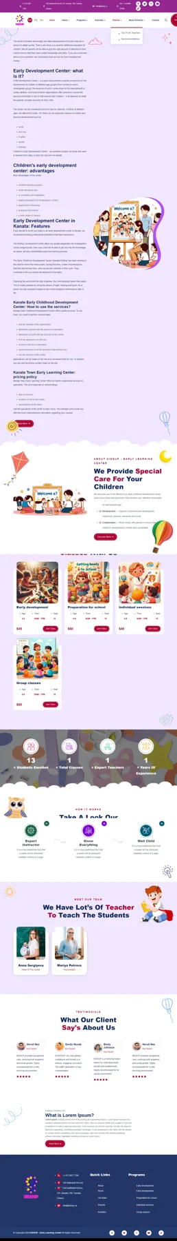 Long full-page screenshot of the KidSup Kanata website built by the studio, with the purple contact bar, an open Parents dropdown menu and the article text about early development centres in Kanata
