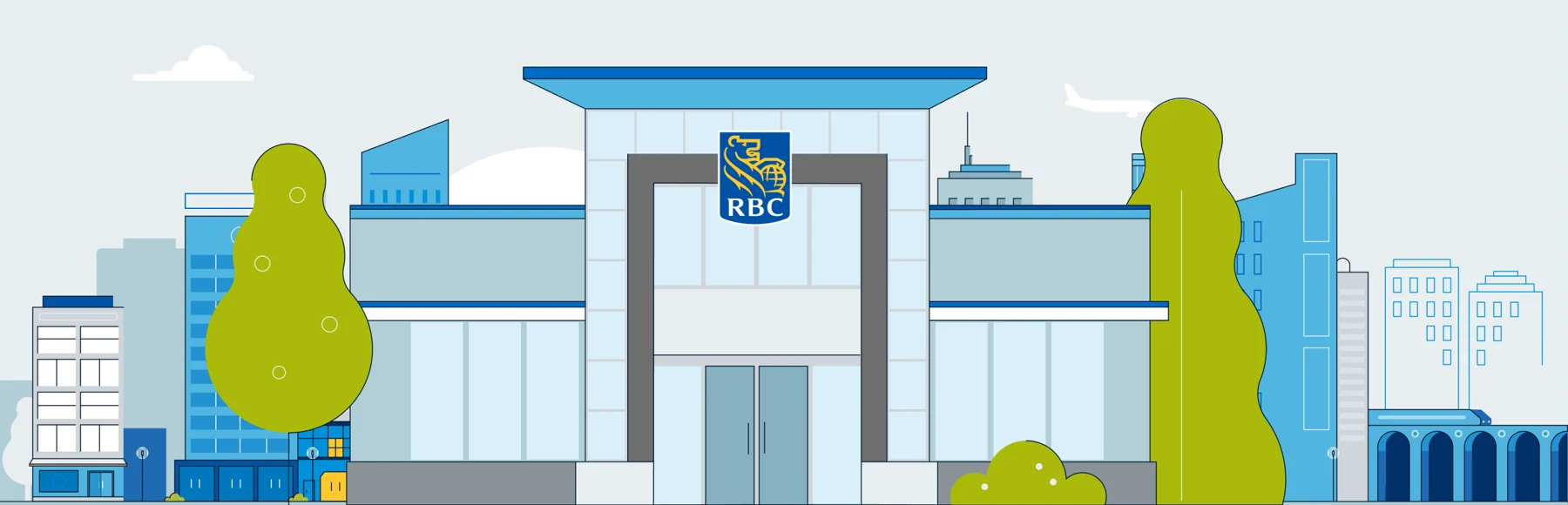 RBC's own flat illustration of a branch storefront, the RBC shield above the doors, with a stylised town behind it