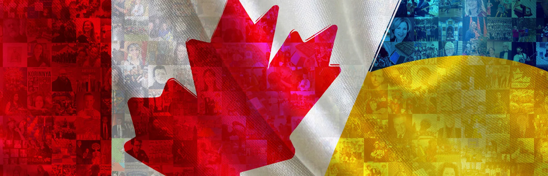 Canadian and Ukrainian flags rendered as a mosaic of hundreds of small photographs of funded projects; the Foundation credits the image to Al Klymochko