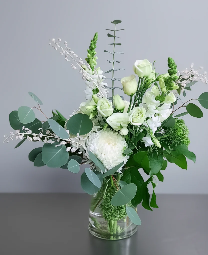 A white and green arrangement in a clear glass vase — white roses, lisianthus, snapdragons and a round white chrysanthemum among eucalyptus.