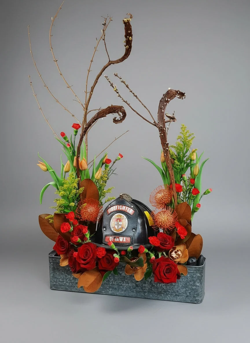A Celebration of Life piece built around a firefighter's helmet, with red roses, tulips, orange pincushion protea and bare curling branches rising from a galvanised metal trough. Labelled Urn Arrangement on the shop's own page.