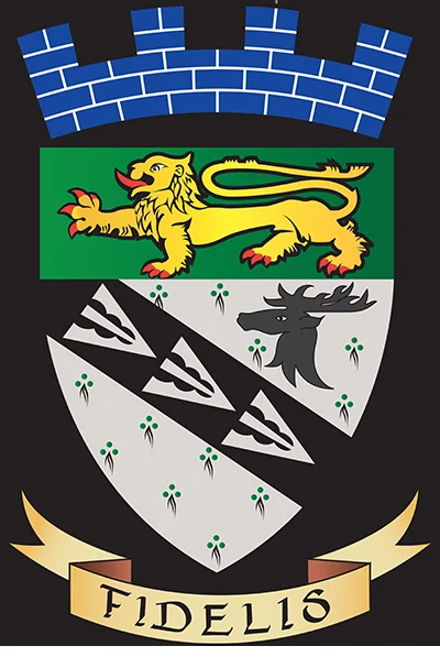 The Town of Carleton Place coat of arms: a gold lion on green above a black-and-white field with a stag's head, under a blue mural crown, on a scroll reading FIDELIS
