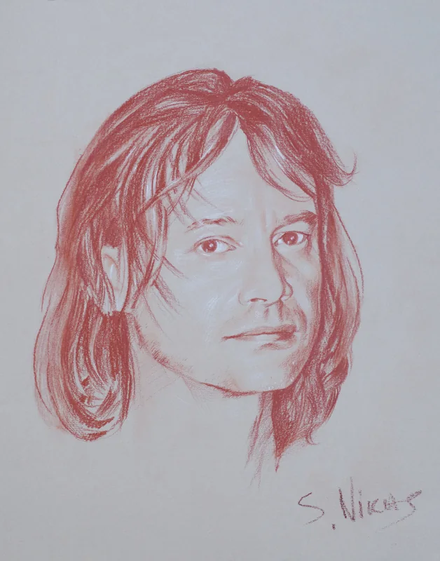 Red-chalk portrait drawing of Vasyl Popadiuk by the artist S. Nikus, from his website gallery