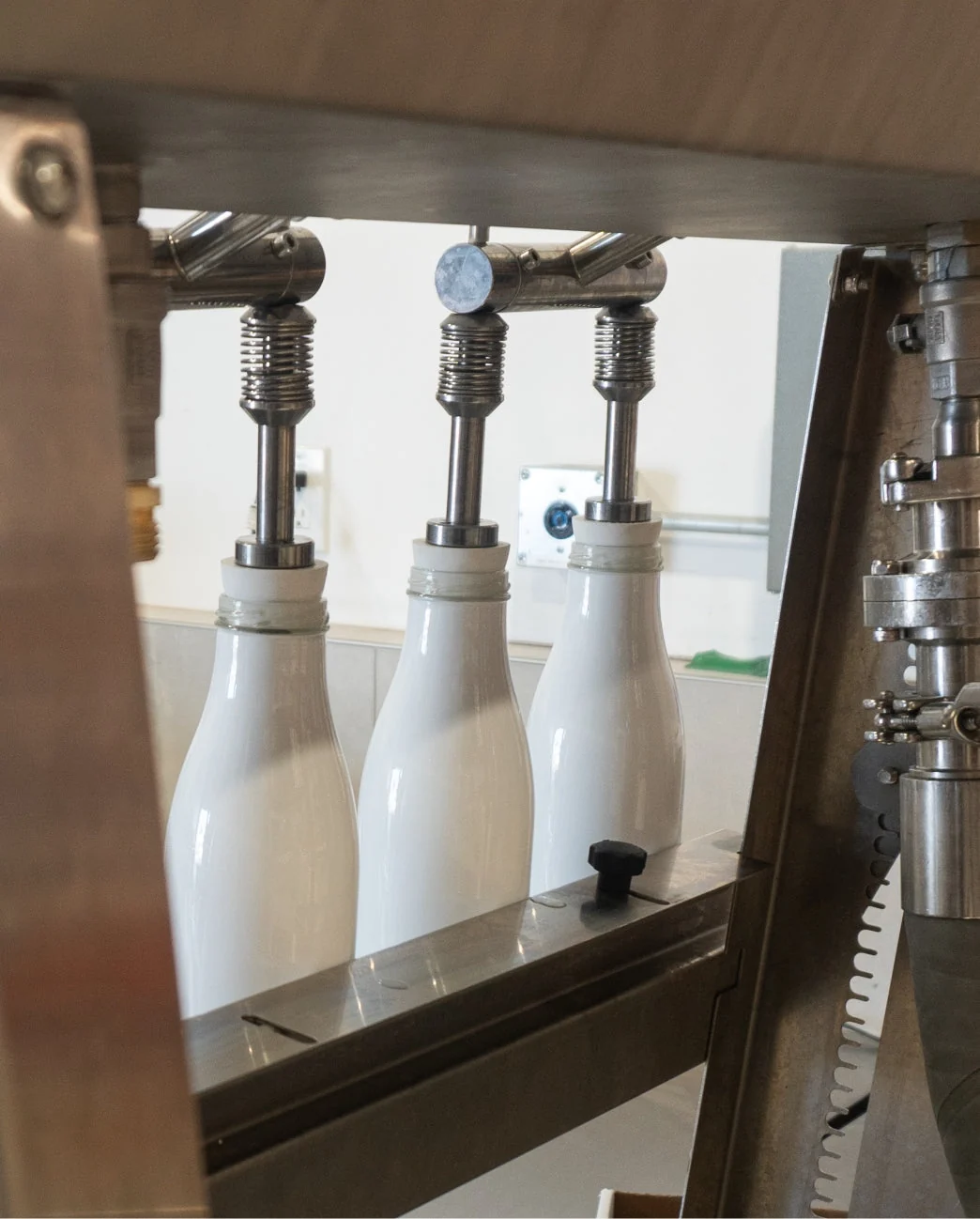 The filling line at the distillery — three white milk-shaped bottles being filled with cream liquor under stainless steel nozzles