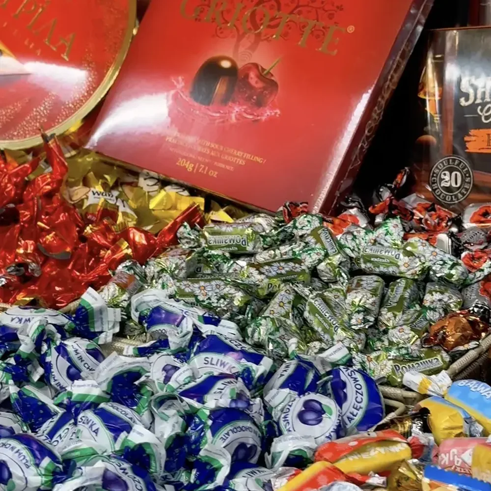 European chocolates and wrapped sweets on the Wedel shelves